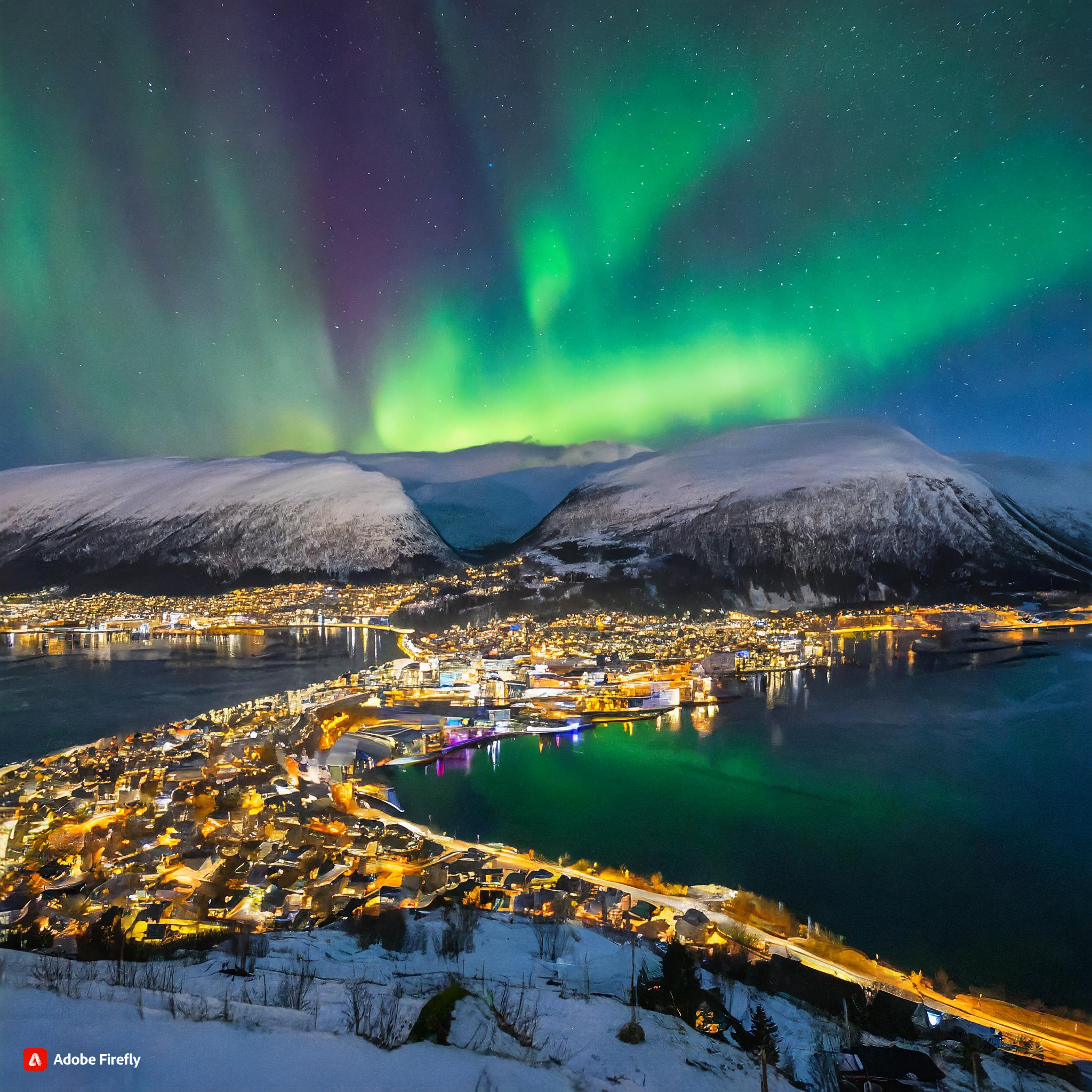 Firefly Northern Lights in Tromso, Norway with snow-covered mountains, include a city view 967